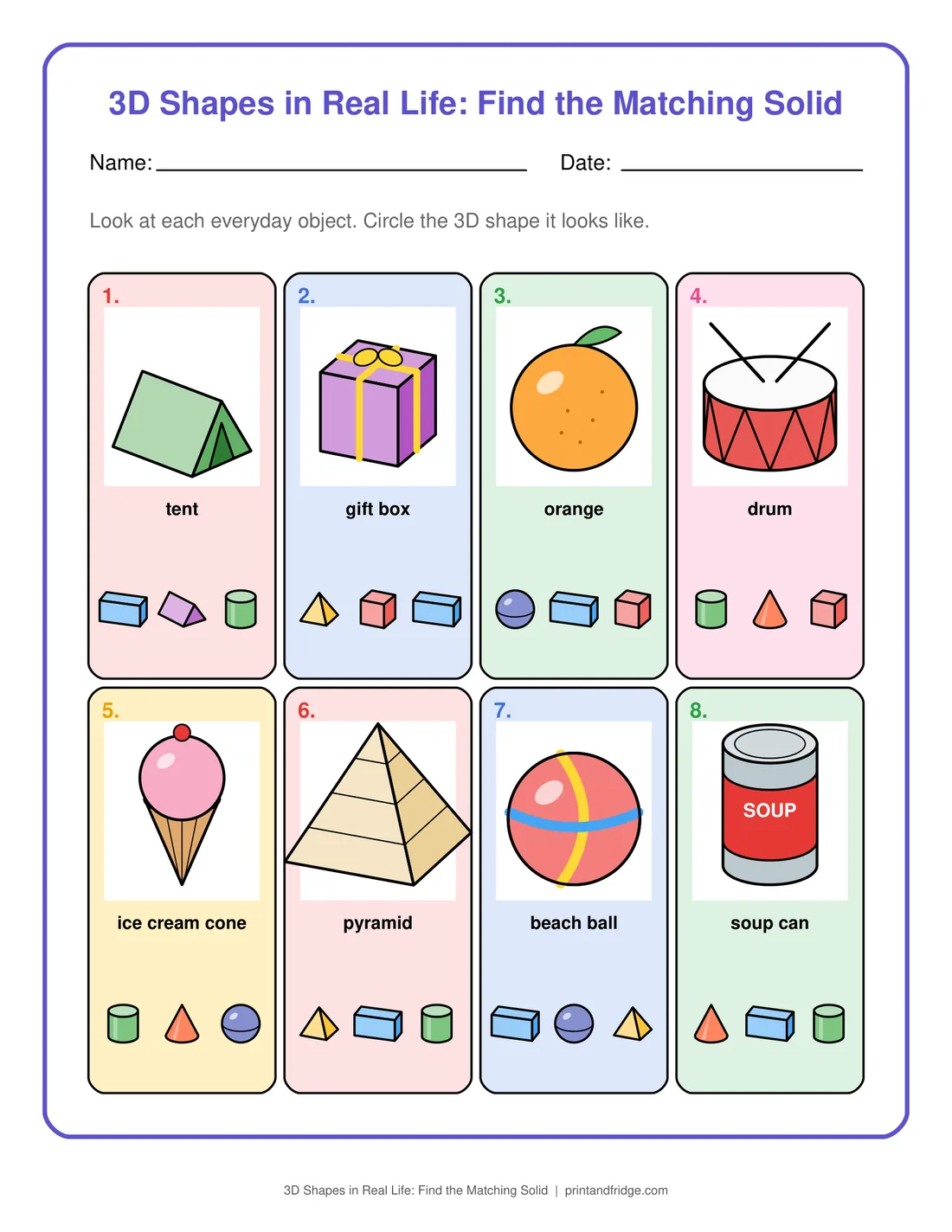 3D Shapes in Real Life: Find the Matching Solid printable worksheet