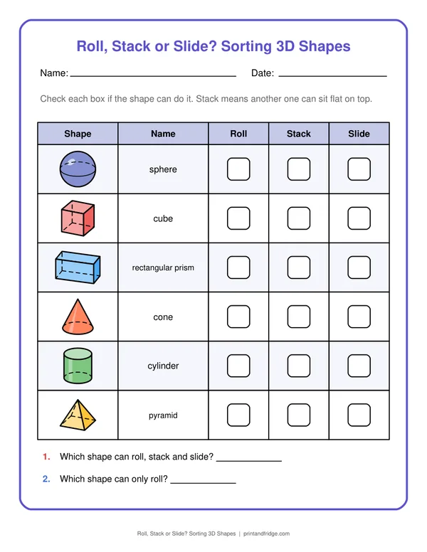 Roll, Stack or Slide? Sorting 3D Shapes worksheet