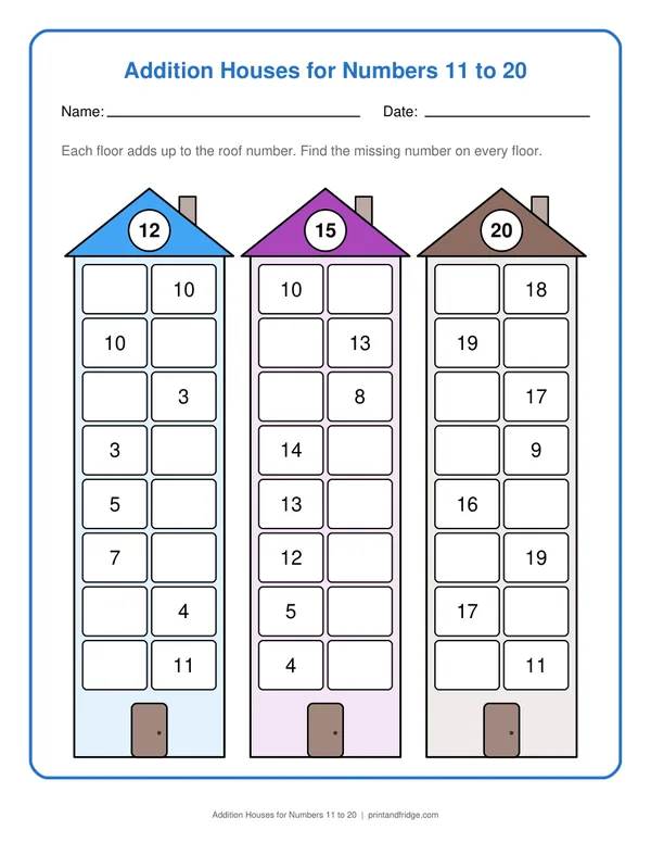 Addition Houses for Numbers 11 to 20 printable worksheet