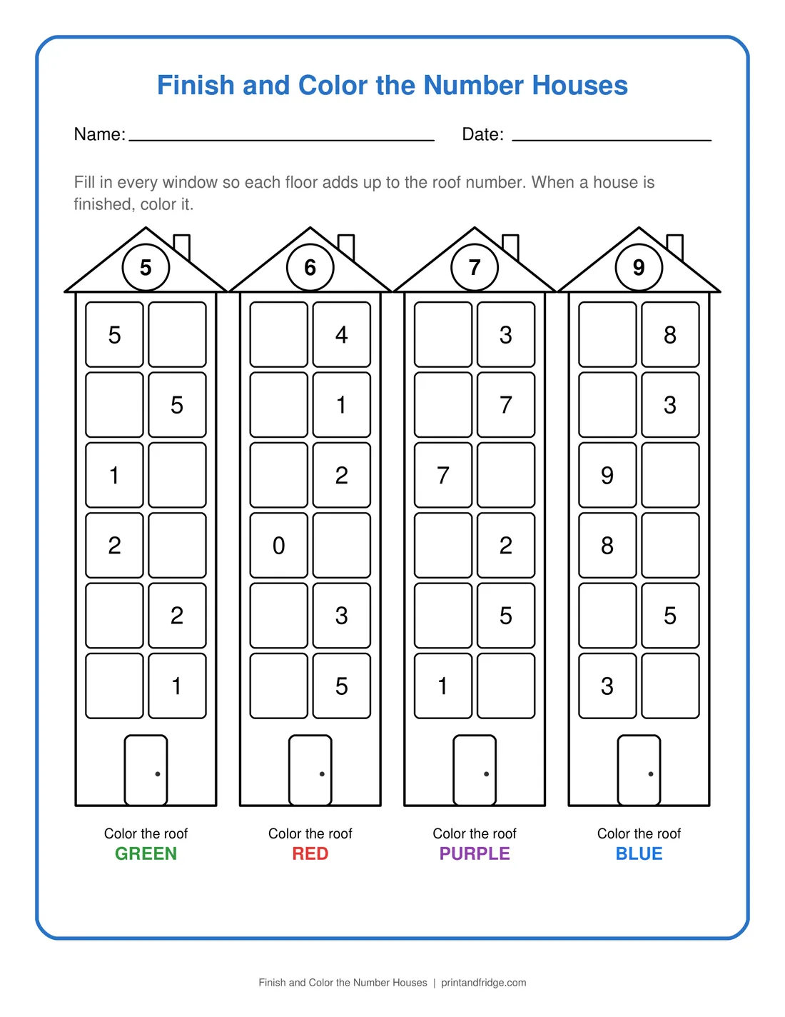 Finish and Color the Number Houses printable worksheet