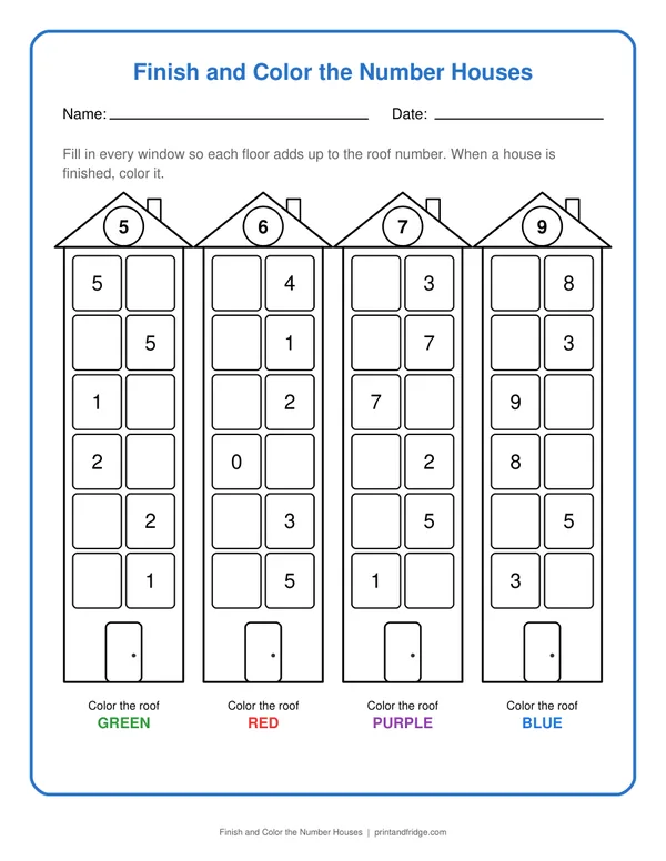 Finish and Color the Number Houses printable worksheet
