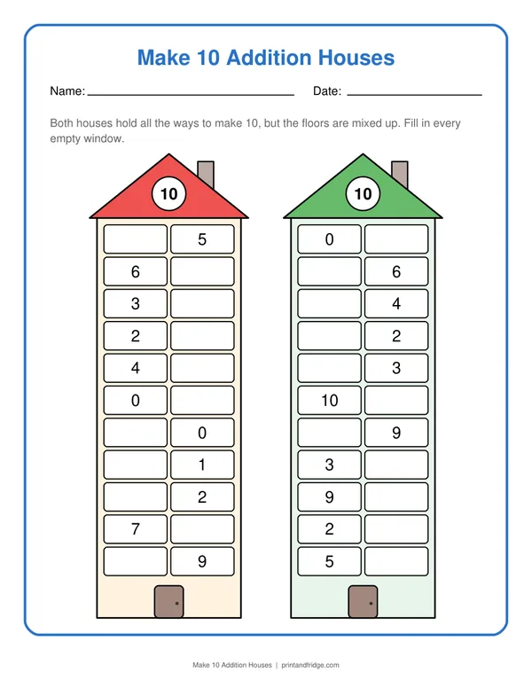 Make 10 Addition Houses printable worksheet