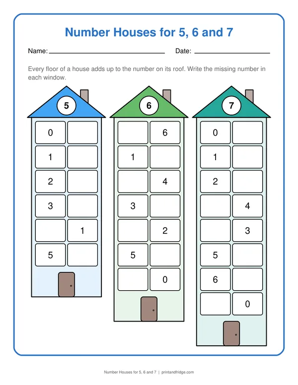 Number Houses for 5, 6 and 7 printable worksheet