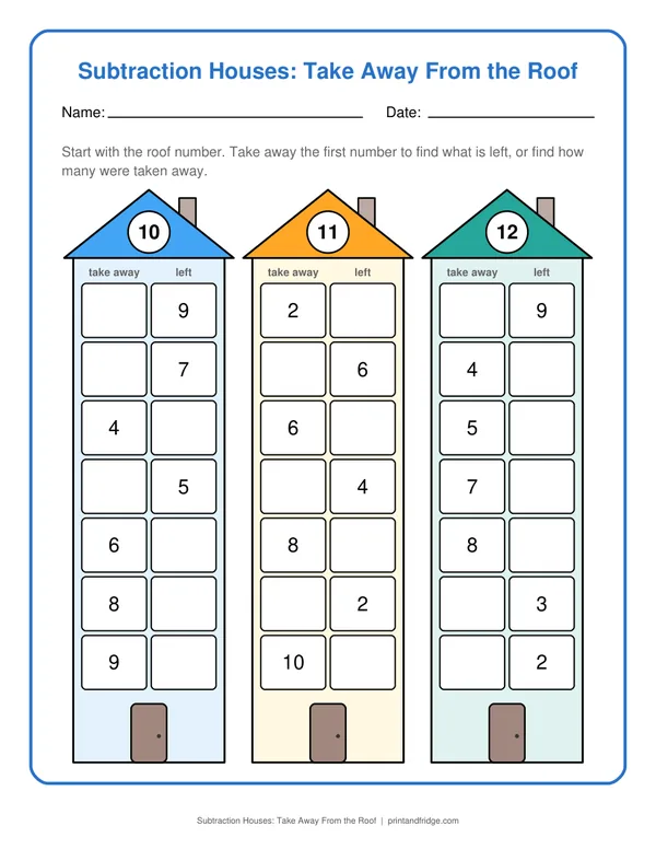 Subtraction Houses: Take Away From the Roof printable worksheet