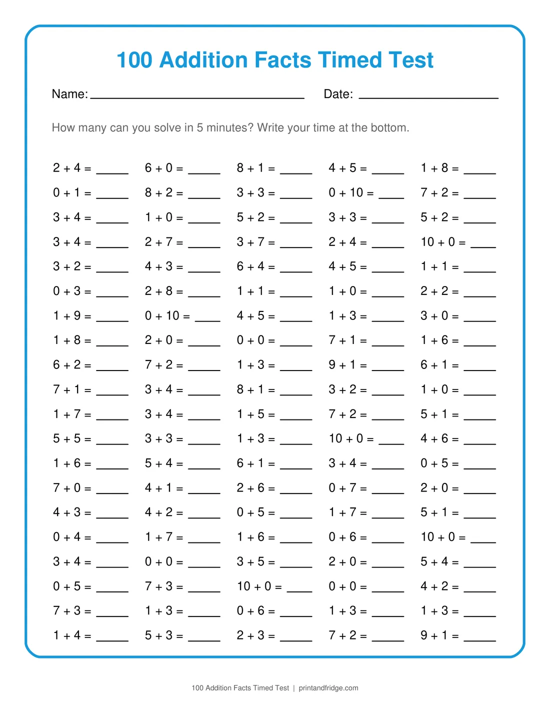 100 Addition Facts Timed Test printable worksheet