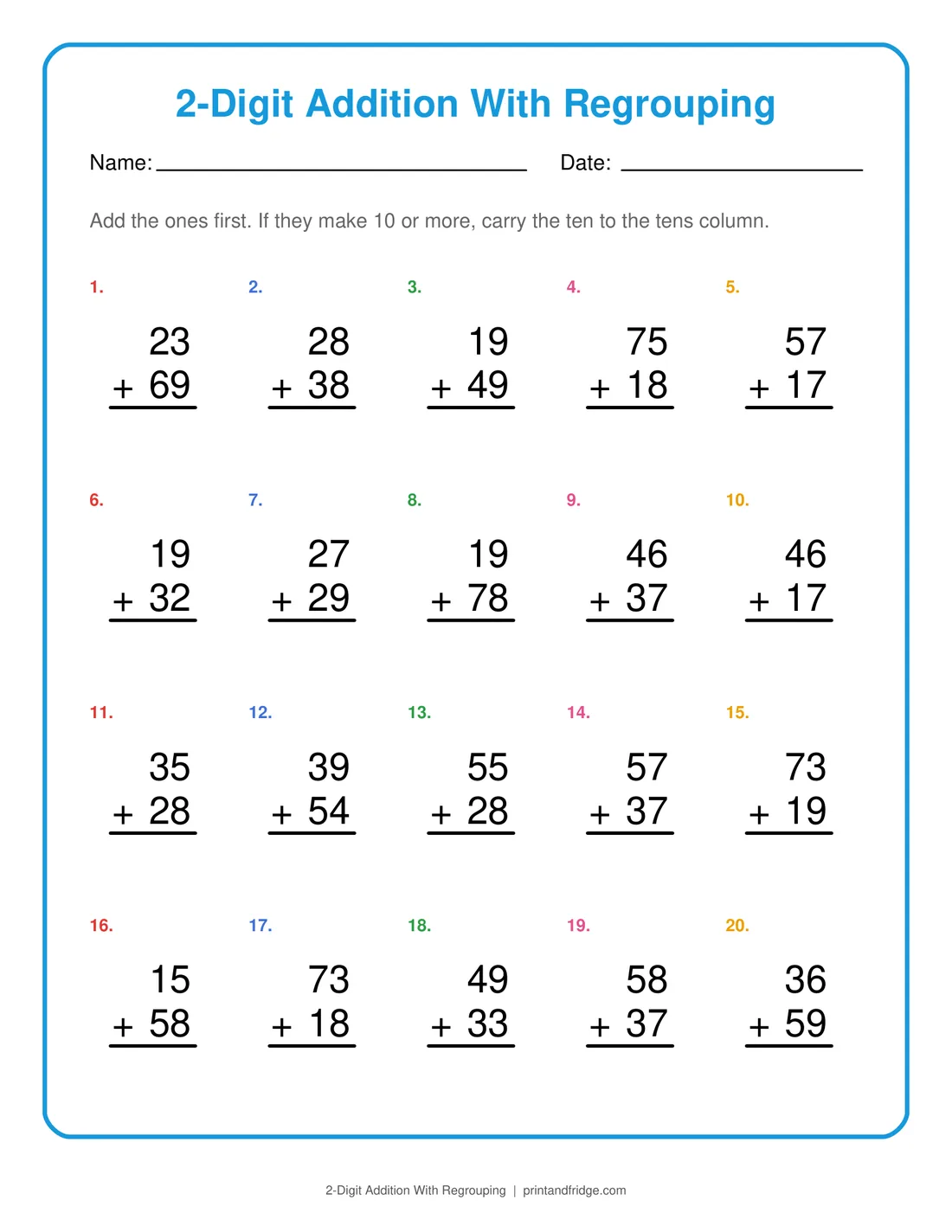 2-Digit Addition With Regrouping printable worksheet