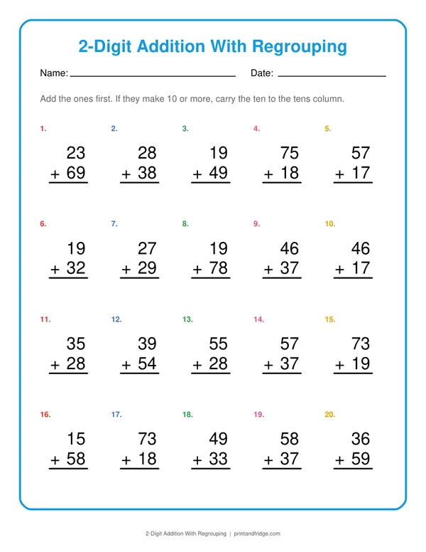 2-Digit Addition With Regrouping printable worksheet