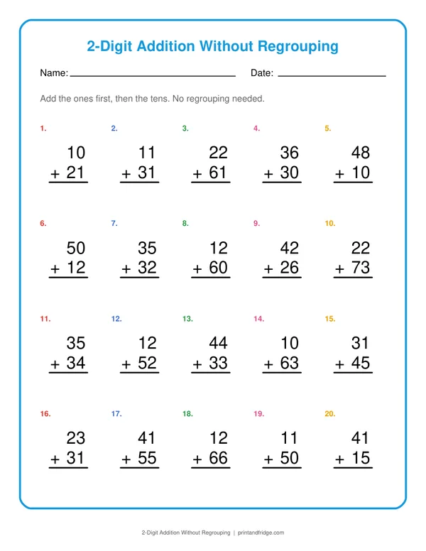 2-Digit Addition Without Regrouping printable worksheet