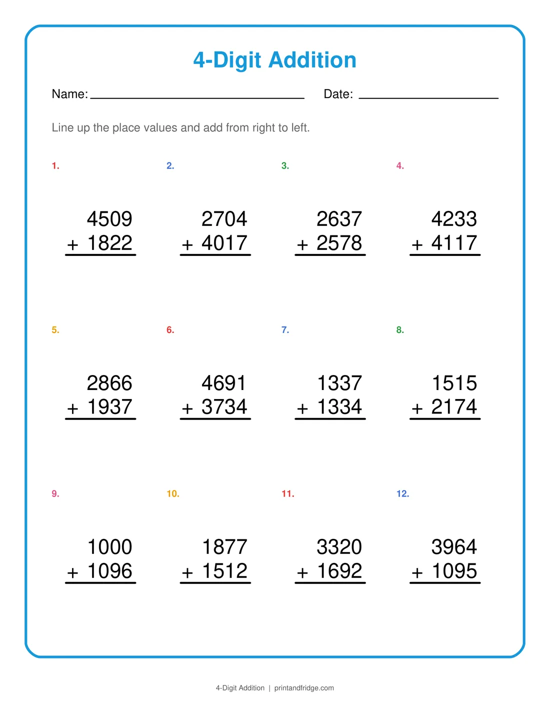 4-Digit Addition printable worksheet