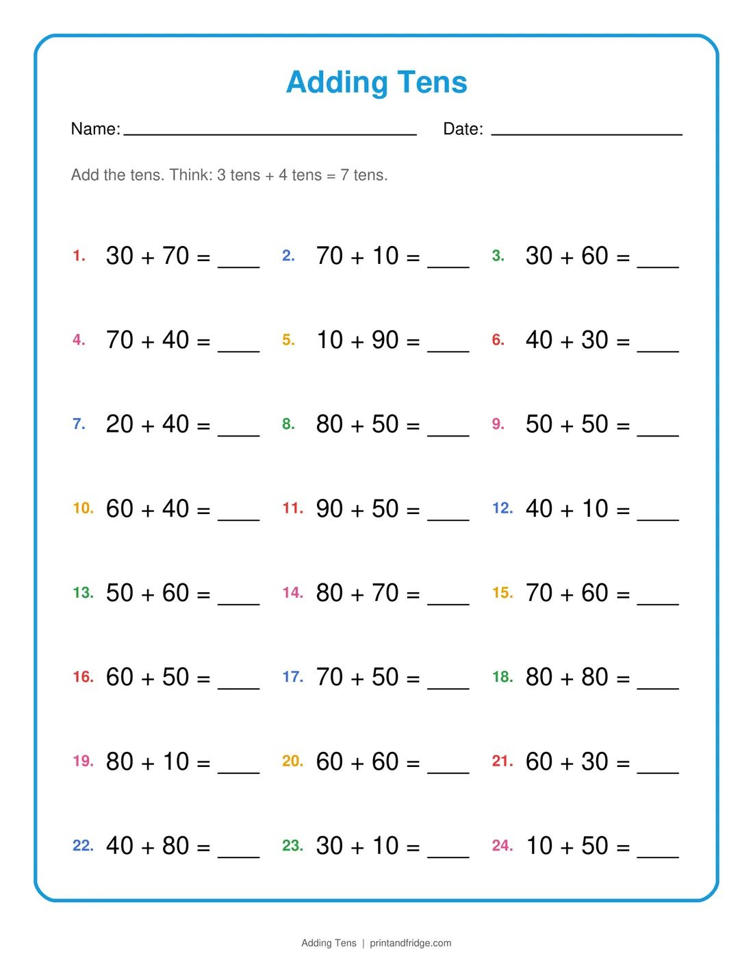 Adding Tens printable worksheet