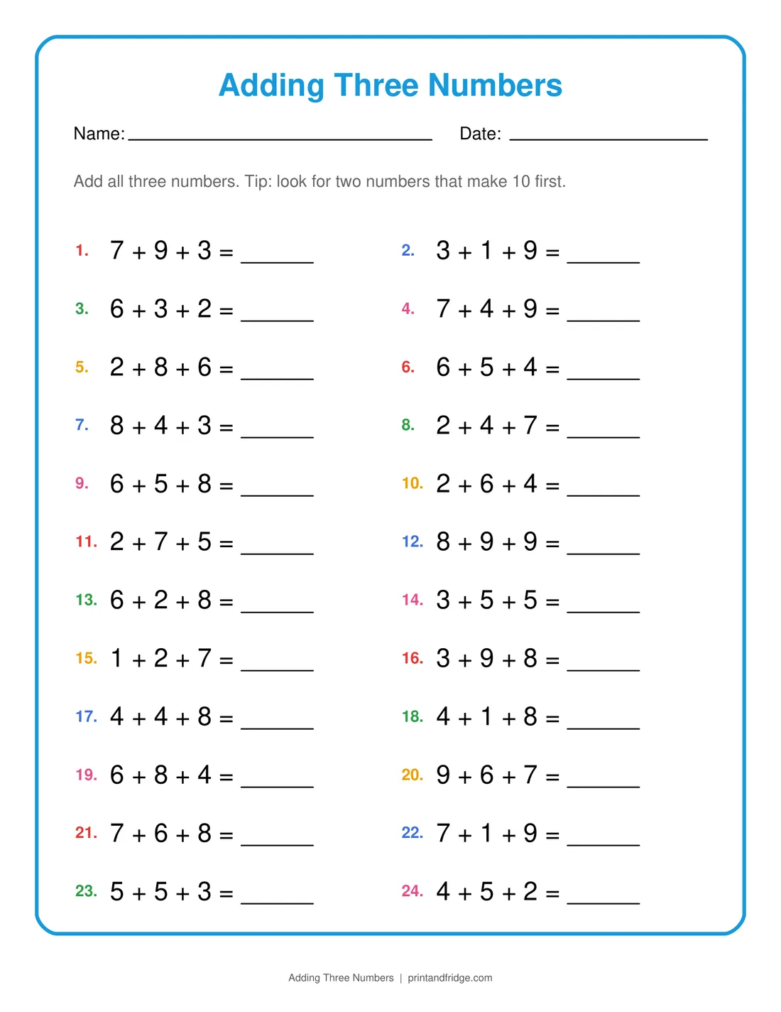 Adding Three Numbers printable worksheet