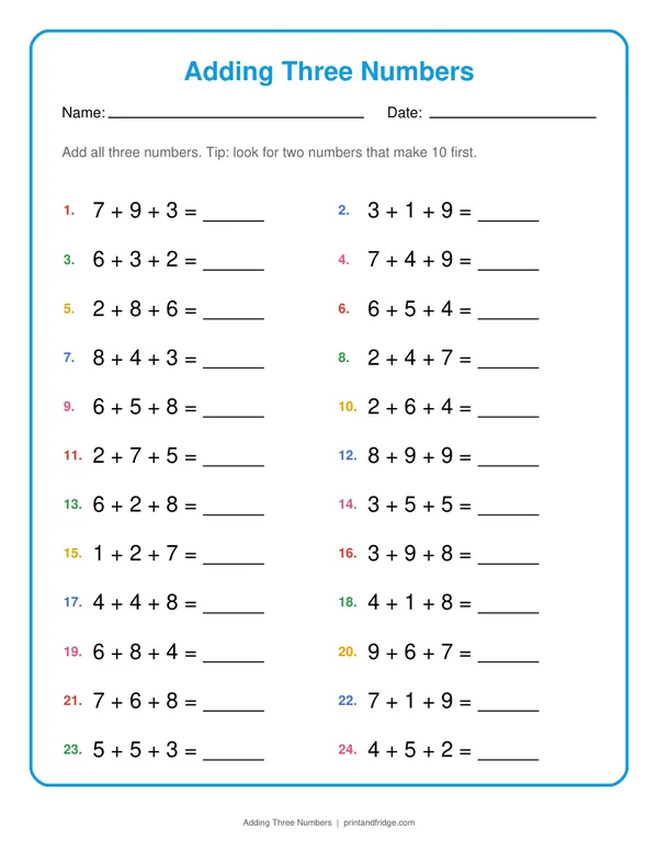 Adding Three Numbers printable worksheet