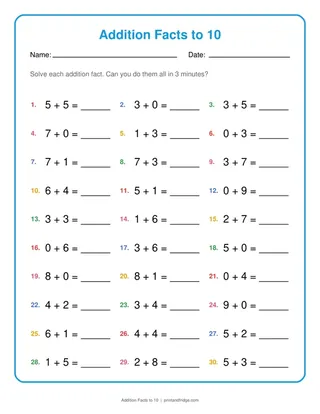Addition Facts to 10