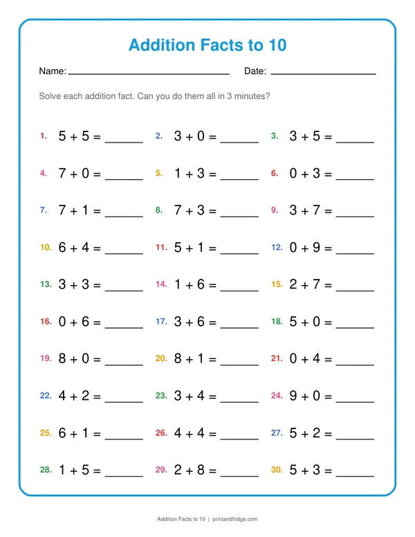 Addition Facts to 10 printable worksheet