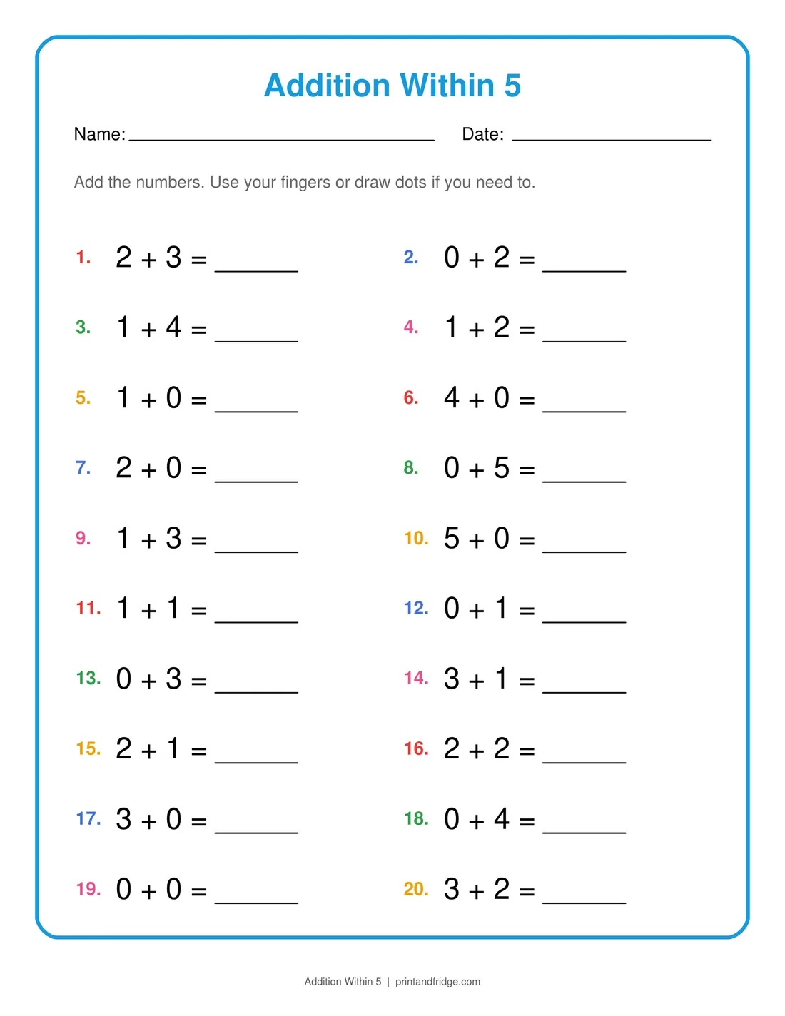 Addition Within 5 printable worksheet