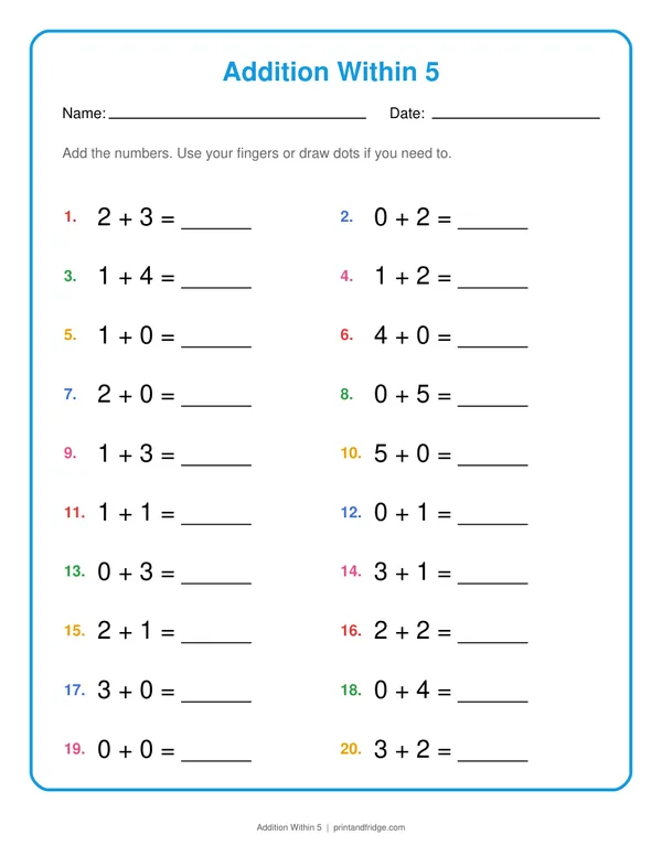 Addition Within 5 printable worksheet