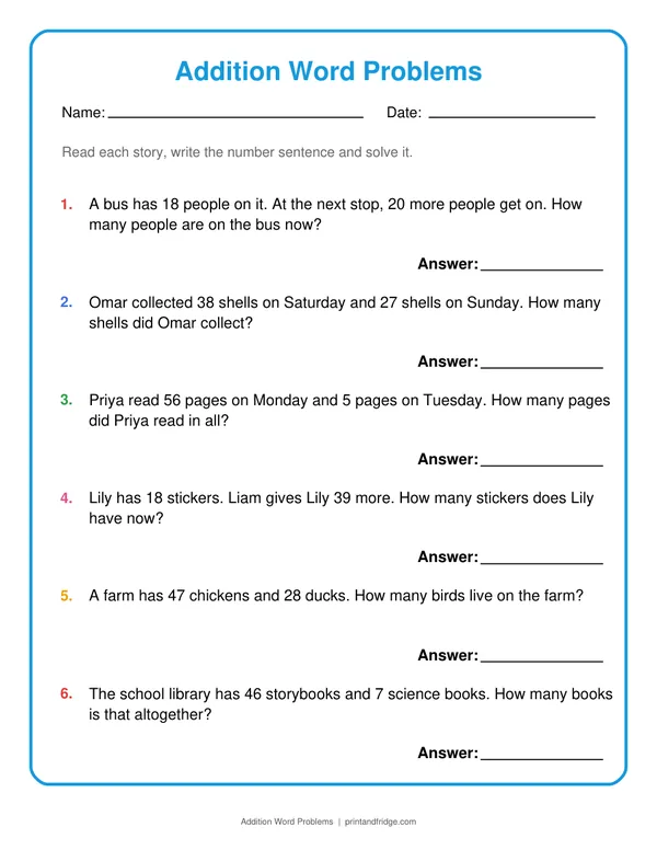 Addition Word Problems printable worksheet