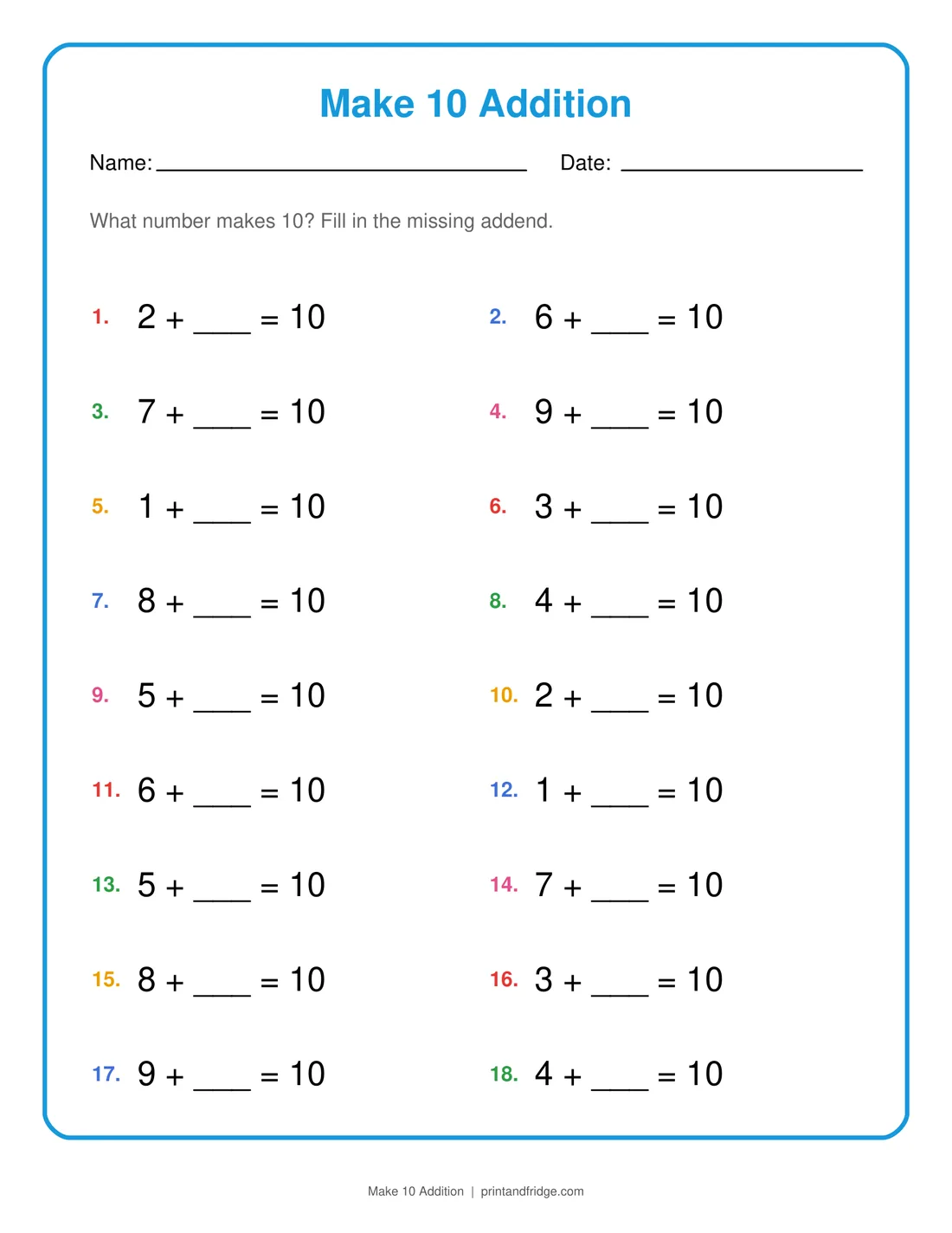 Make 10 Addition printable worksheet