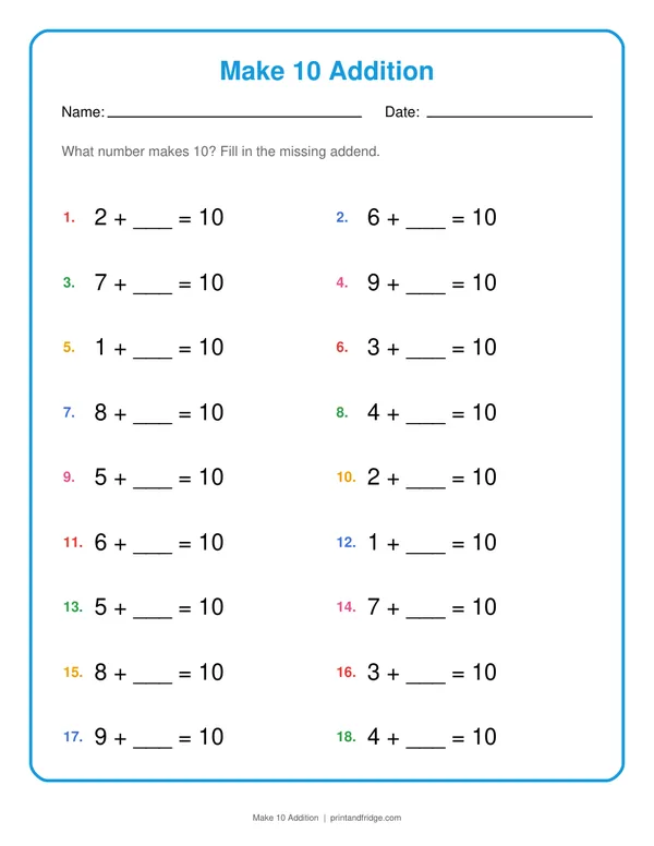 Make 10 Addition printable worksheet