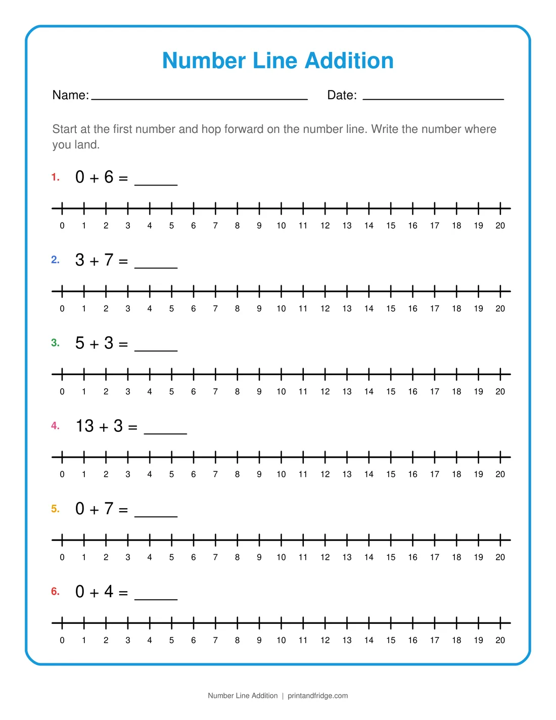 Number Line Addition printable worksheet