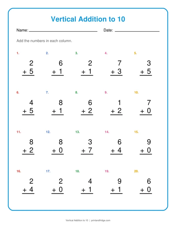 Vertical Addition to 10 printable worksheet