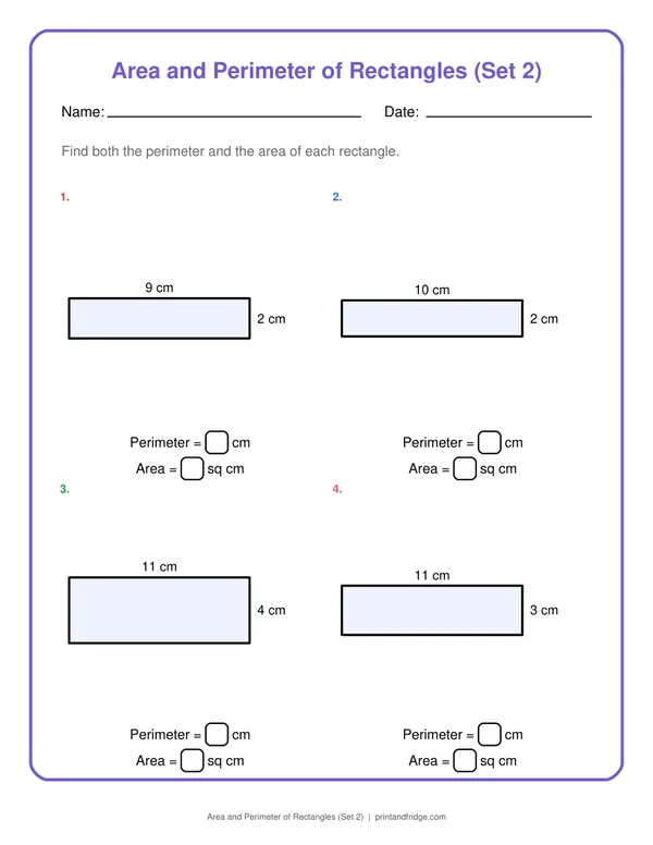 Area and Perimeter of Rectangles (Set 2) printable worksheet