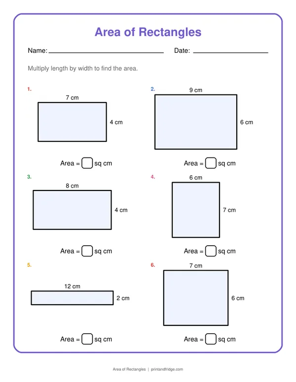 Area of Rectangles printable worksheet