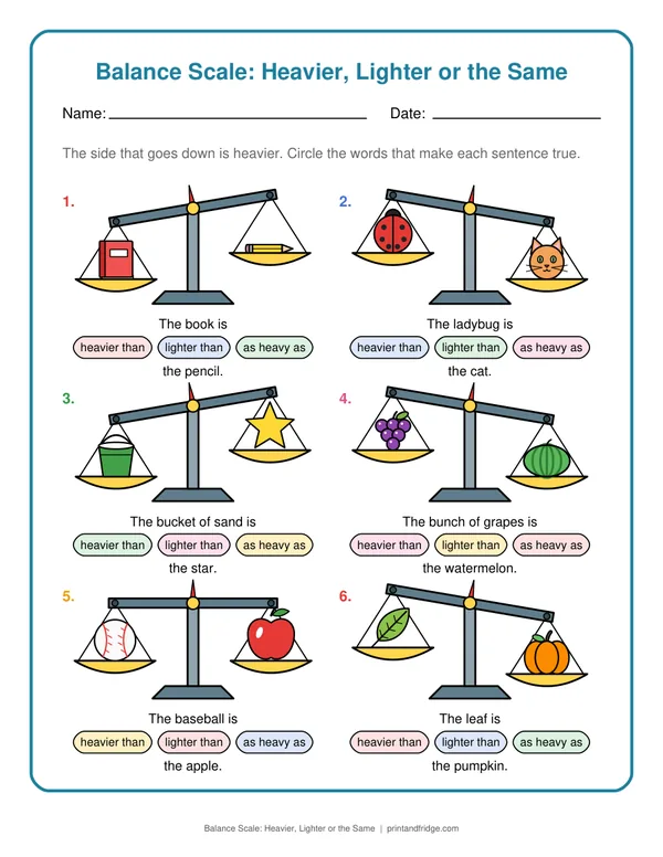 Balance Scale: Heavier, Lighter or the Same printable worksheet
