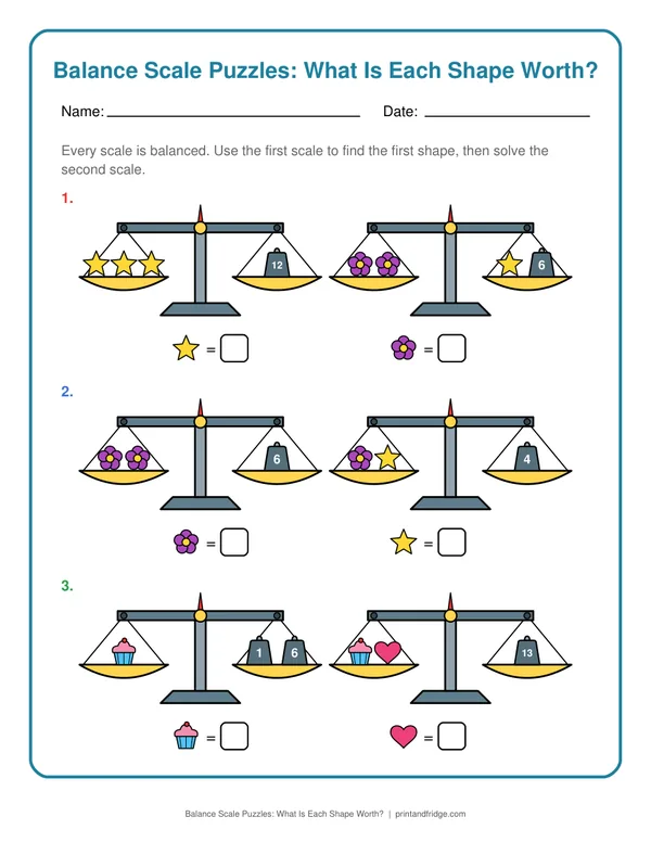 Balance Scale Puzzles: What Is Each Shape Worth? printable worksheet