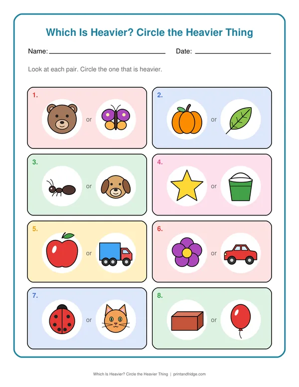 Which Is Heavier? Circle the Heavier Thing printable worksheet