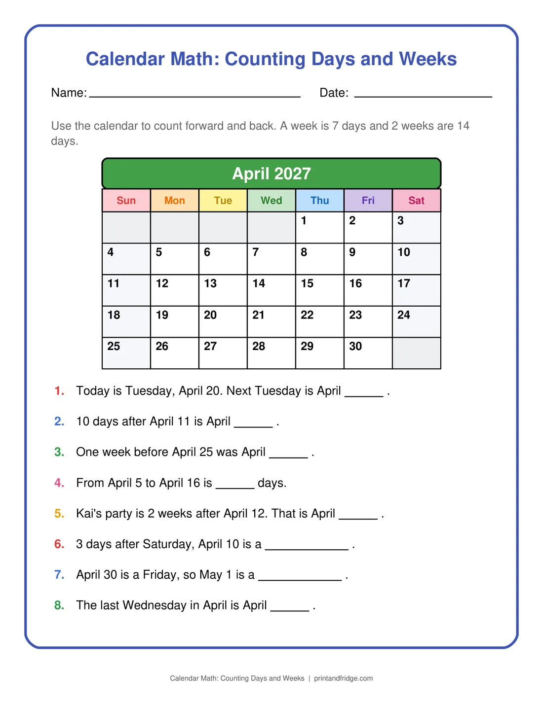 Calendar Math: Counting Days and Weeks printable worksheet