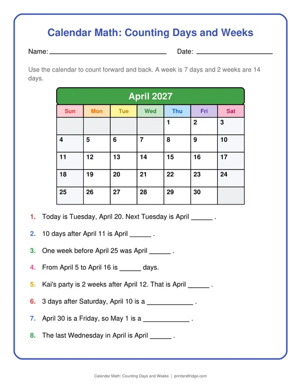 Calendar Math: Counting Days and Weeks printable worksheet