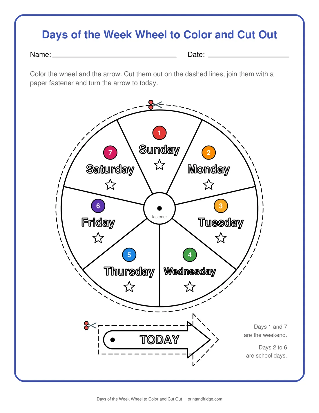 Days of the Week Wheel to Color and Cut Out printable worksheet
