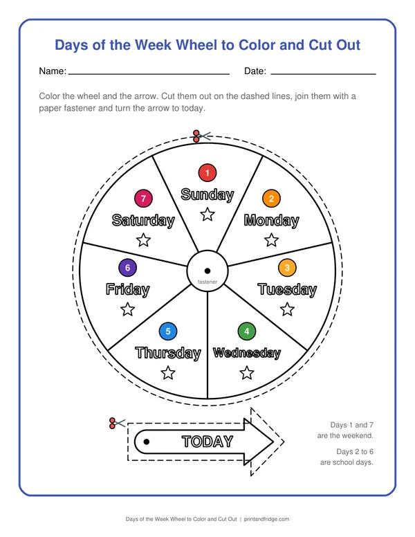 Days of the Week Wheel to Color and Cut Out printable worksheet