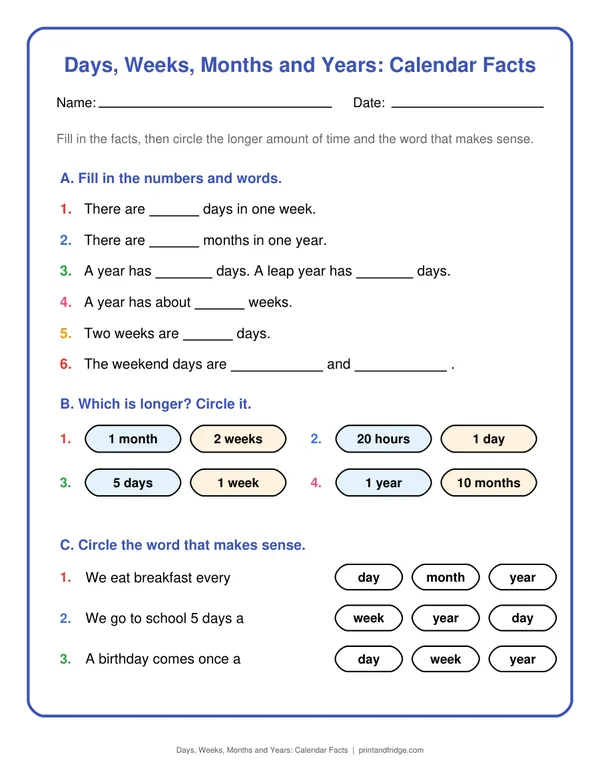 Days, Weeks, Months and Years: Calendar Facts printable worksheet