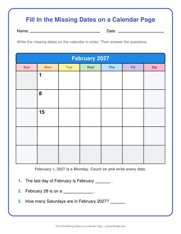 Fill In the Missing Dates on a Calendar Page printable worksheet