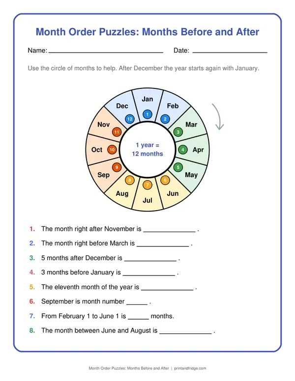 Month Order Puzzles: Months Before and After printable worksheet