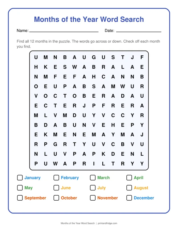 Months of the Year Word Search printable worksheet