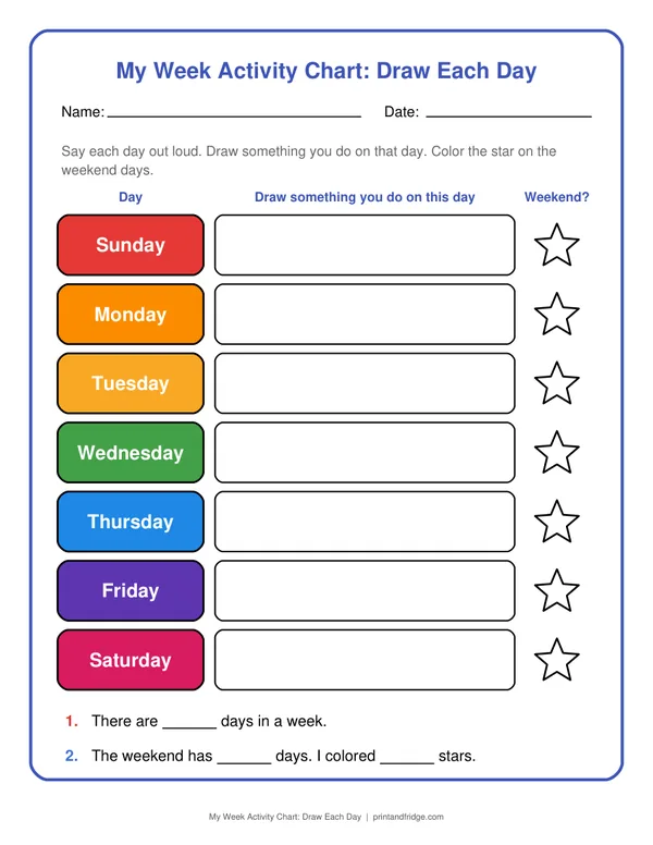 My Week Activity Chart: Draw Each Day printable worksheet