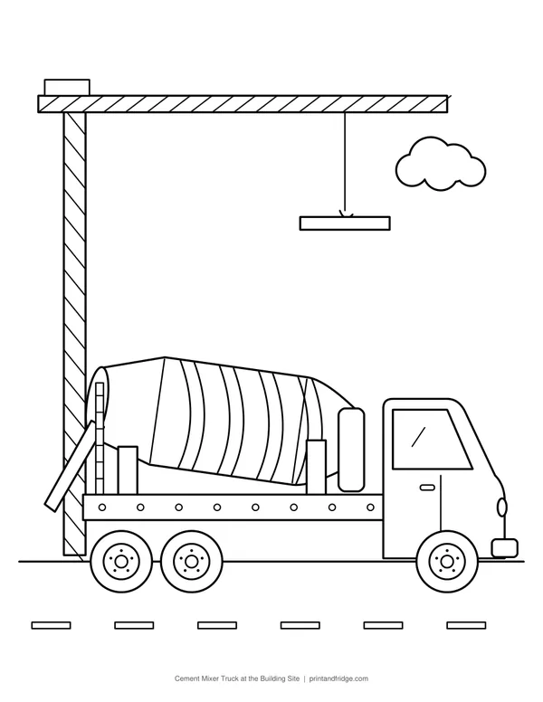 Cement Mixer Truck at the Building Site printable coloring page