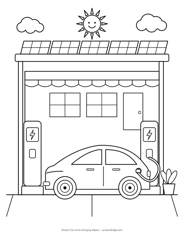 Electric Car at the Charging Station printable coloring page