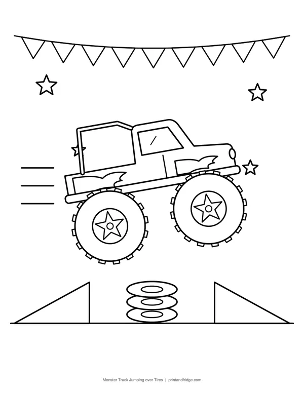 Monster Truck Jumping over Tires printable coloring page