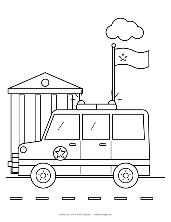Police SUV at the Police Station printable coloring page