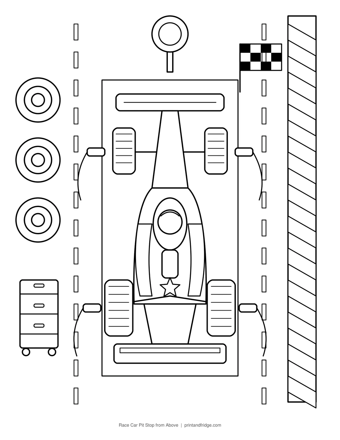 Race Car Pit Stop from Above printable coloring page