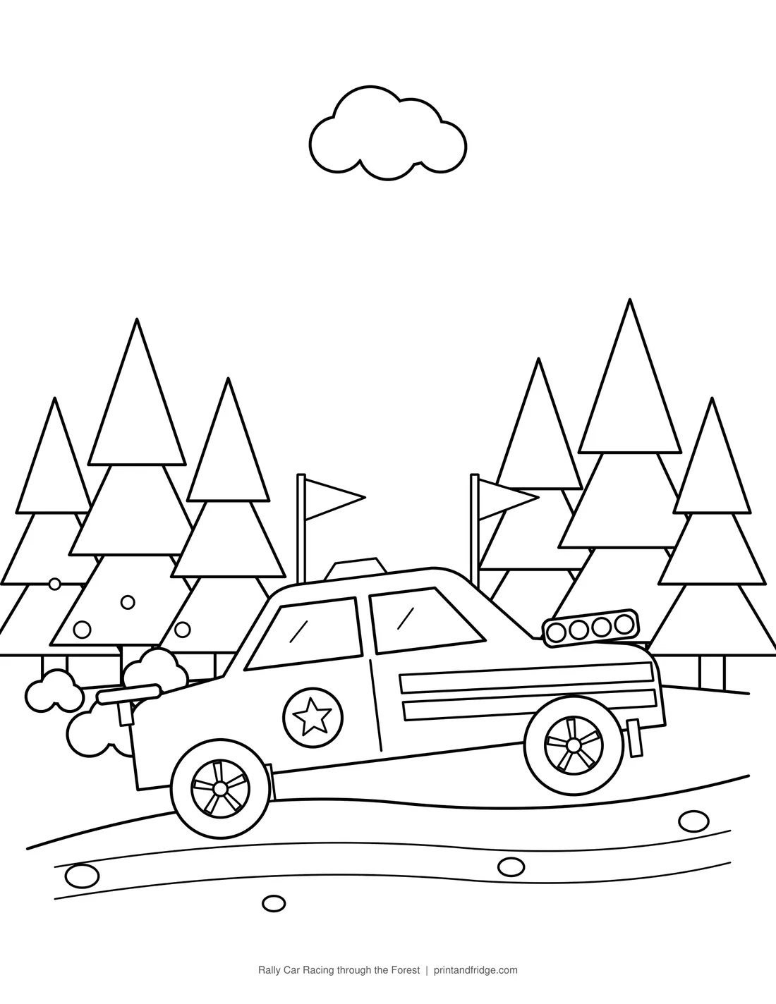 Rally Car Racing through the Forest printable coloring page