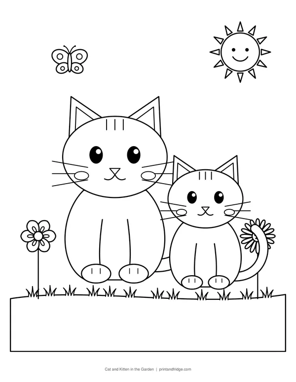 Cat and Kitten in the Garden printable coloring page