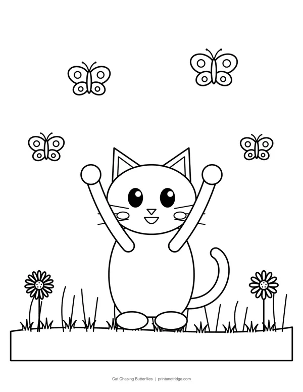 Cat Chasing Butterflies printable coloring page