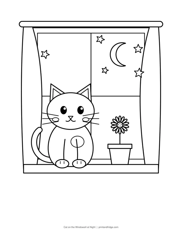 Cat on the Windowsill at Night printable coloring page