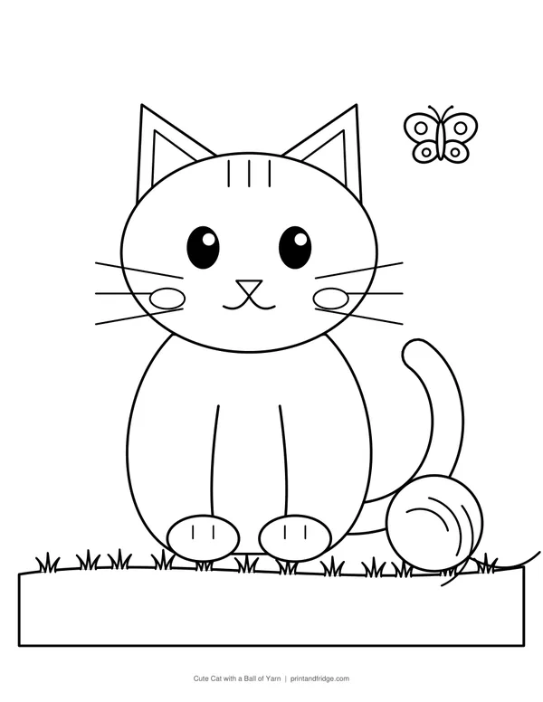 Cute Cat with a Ball of Yarn printable coloring page