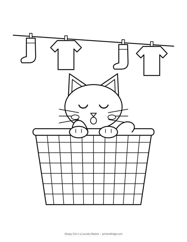 Sleepy Cat in a Laundry Basket printable coloring page